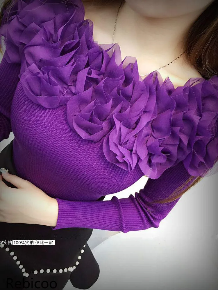 womens jumpers spring autumn korean fashion cute sweater long sleeve top ruffles off shoulder knitted pull femme | Женская одежда