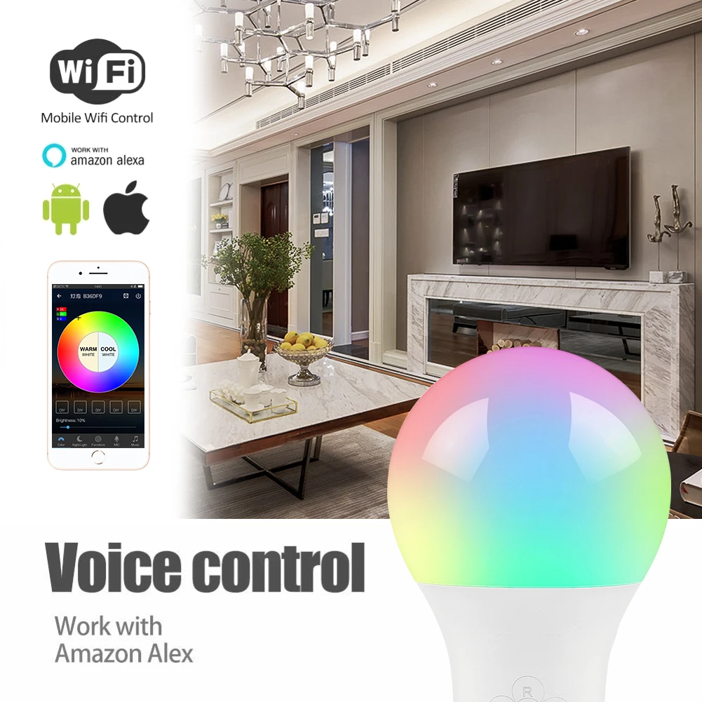 WiFi умная лампочка с регулируемой яркостью многоцветный пробуждение не требуется