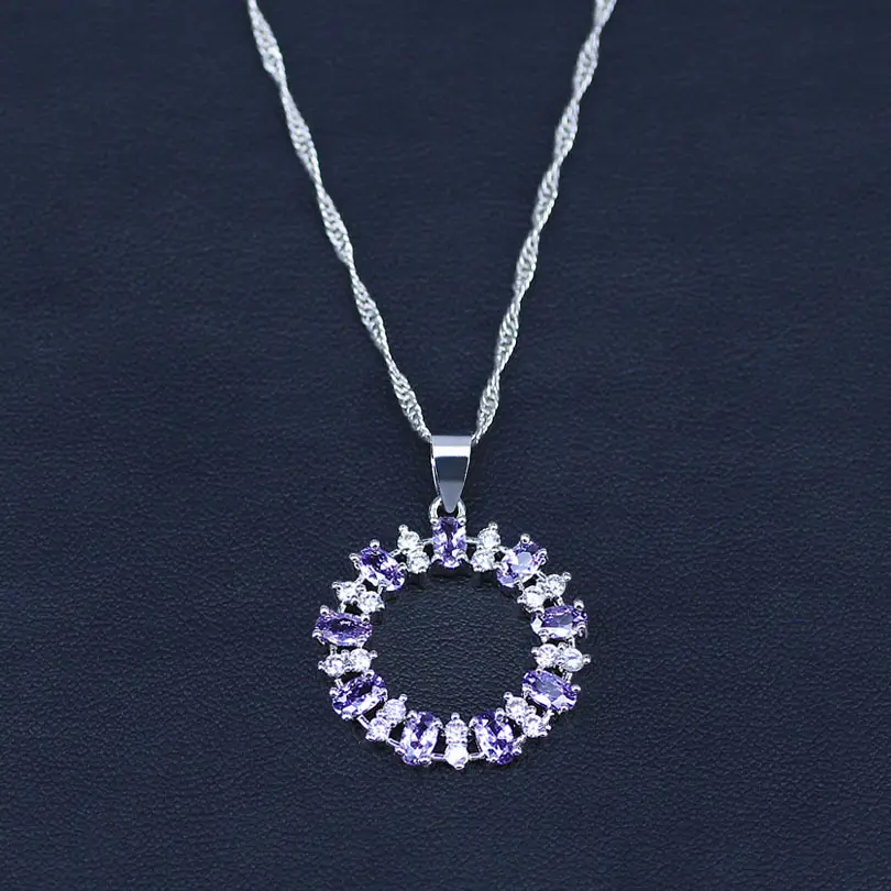 Round 925 Silver Jewelry Purple Cubic Zirconia White Crystal Sets For Women Earrings/Pendant/Necklace/Bracelet | Украшения и