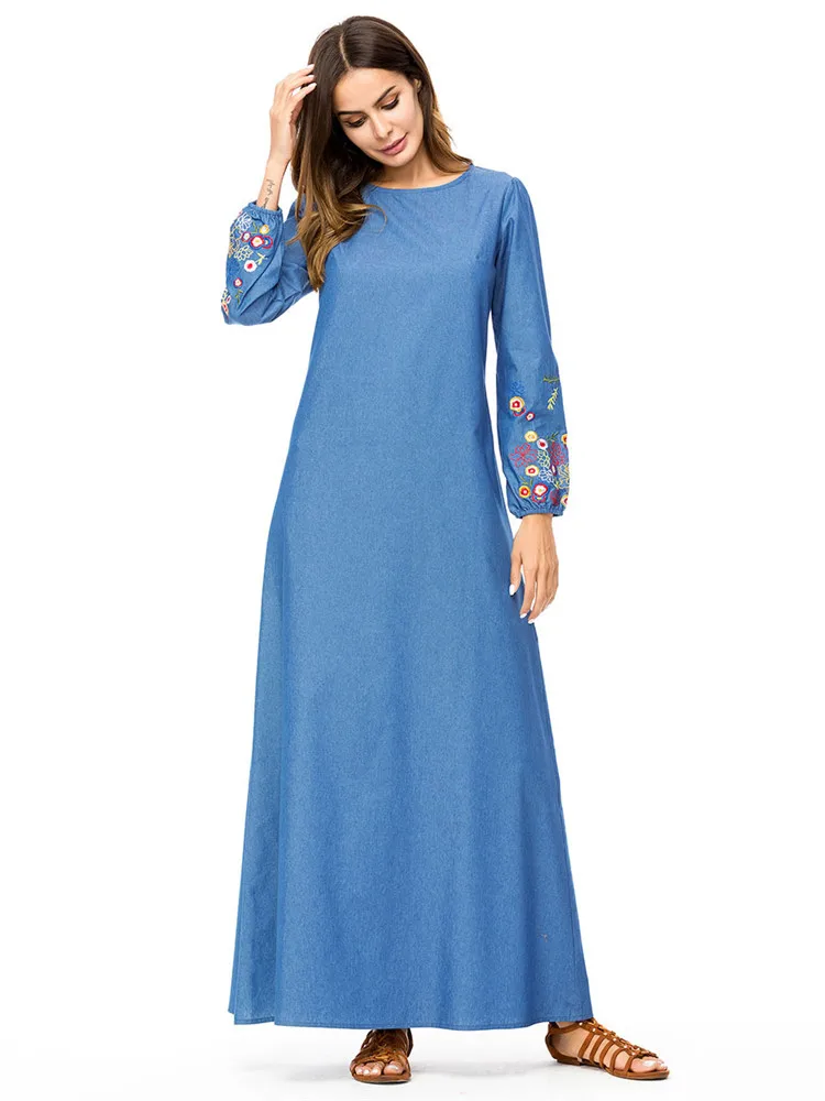 Мусульманское новое платье abaya джинсовое с вышивкой длинный рукав исламский