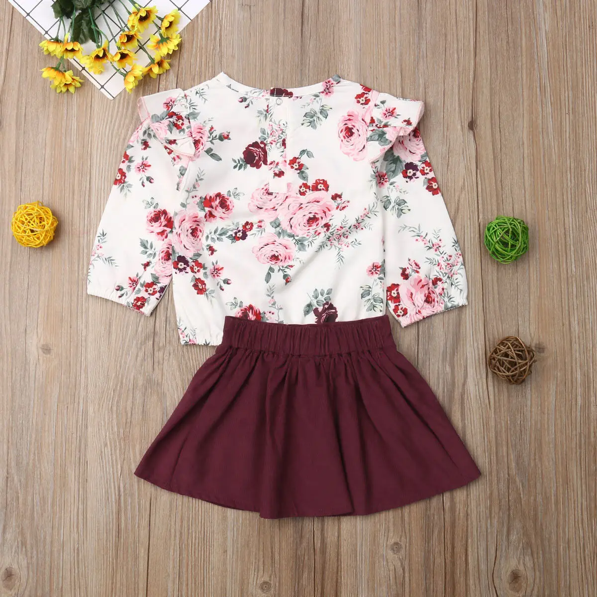 0-5Y Toddler Kids Baby Girl Floral T-shirt Tops A-line Skirt 2PCS Outfits Princess Girls Pageant Party Clothes Set | Детская одежда и