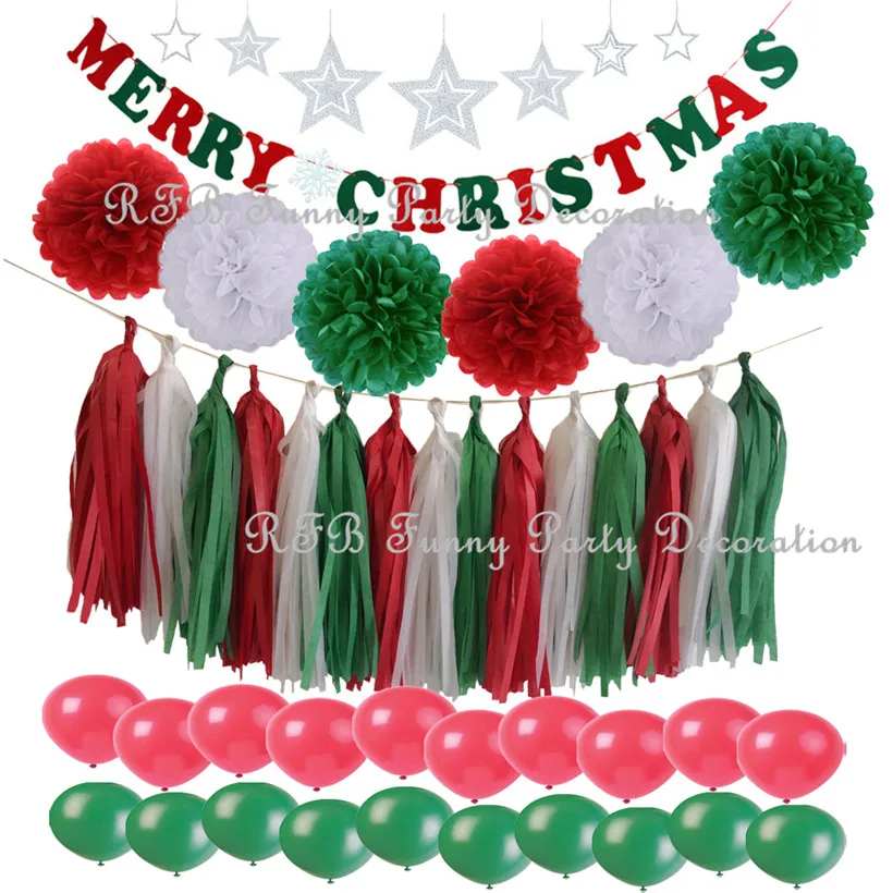 

Merry Christmas Ornament Party Decorations Banner Letter Garland Star Hanging Decor Paper Pom Poms Red Green Party Supplies