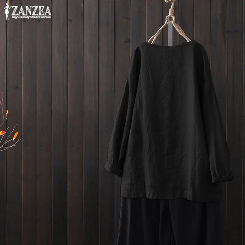 2021 Oversized ZANZEA Spring Women Casaul O Neck Long Sleeve Shirts Tops Vintage Solid Cotton Linen Party Loose Blouse Female | Женская