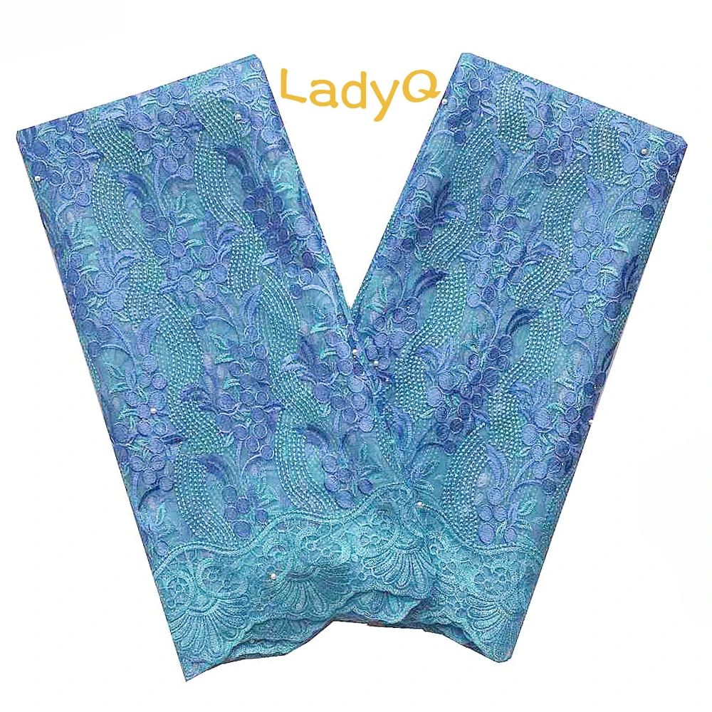 LadyQ 2019 африканская кружевная ткань Magenta Нигерия вышивка синяя Свадебная с бисером