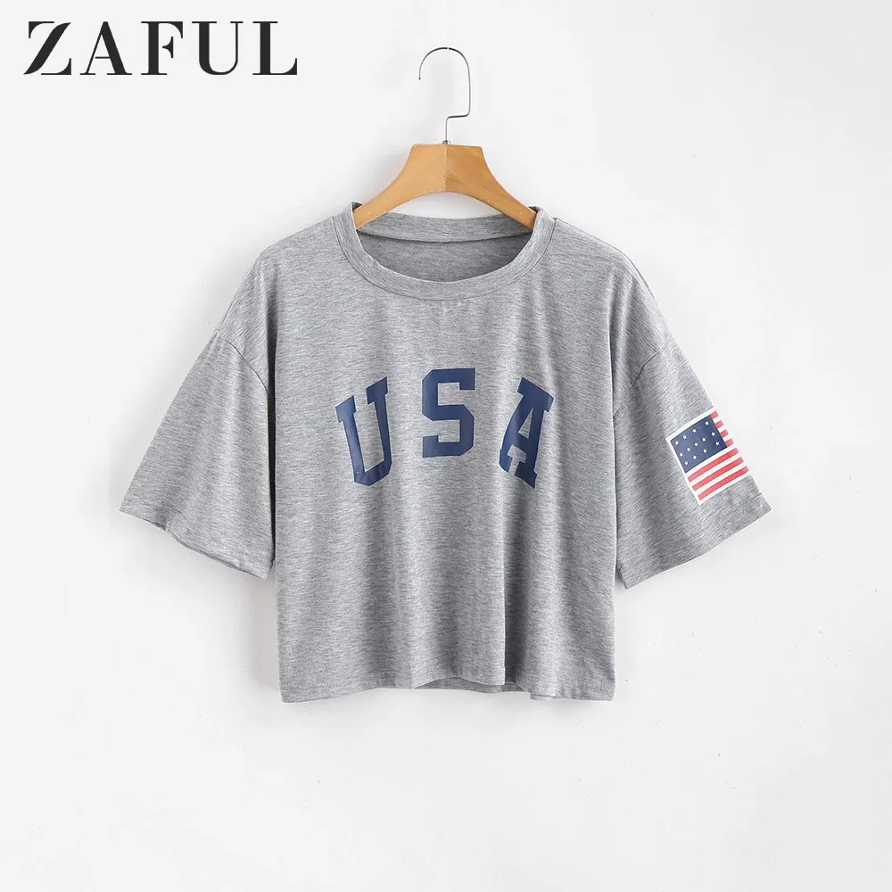 ZAFUL Футболка с американским принтом для женщин Уличный стиль Короткие топы