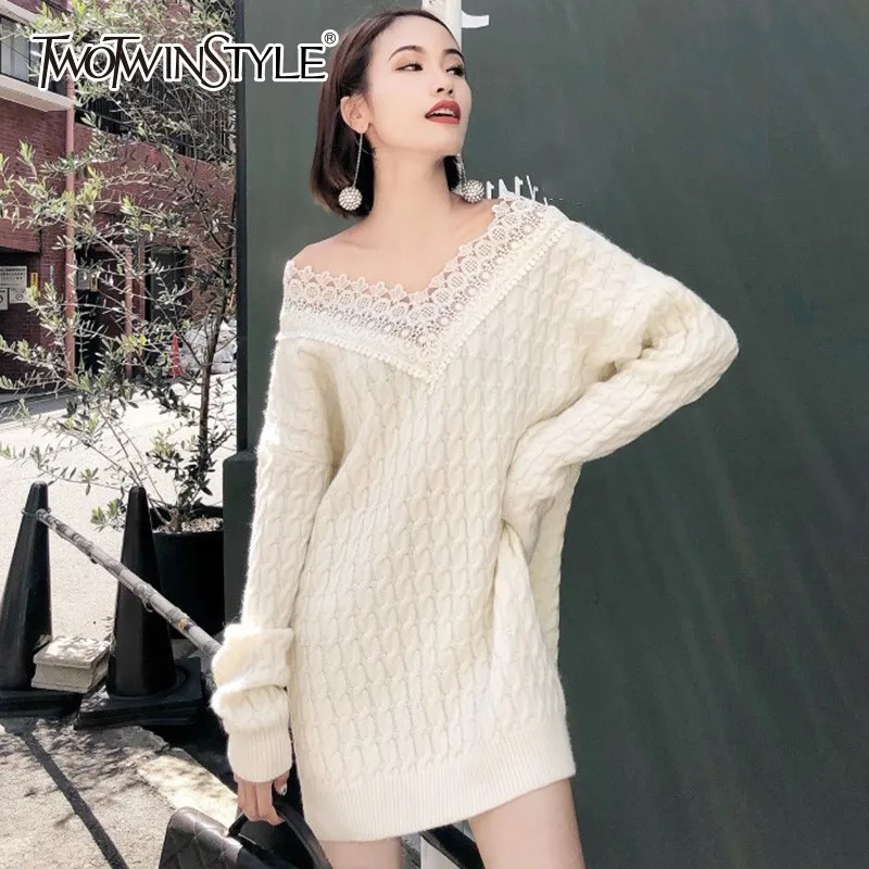 TWOTWINSTYLE Knitting Pullover Tops Female V Neck Patchwork Lace Long Sleeve Sweater Women Spring 2019 Korean Fashion Oversized | Женская