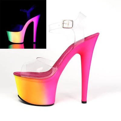 

17cm Nightclub Pole Dance Wedge Sandals Sexy Transparent PVC Ultra High Heels Insoles Leather Gradient Color Platform Shoes