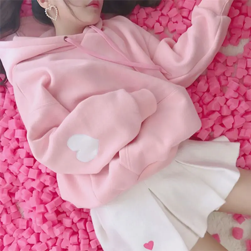 Толстовка с капюшоном Kawaii Женская в стиле Харадзюку принтом виде сердца