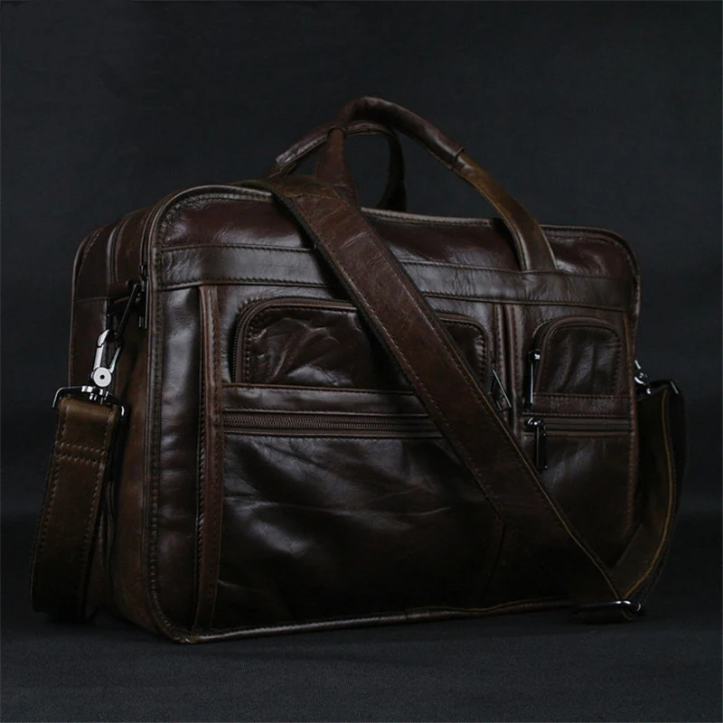 Luxury Genuine Leather Men's Briefcase Business Bag Leather Laptop bag 15.4