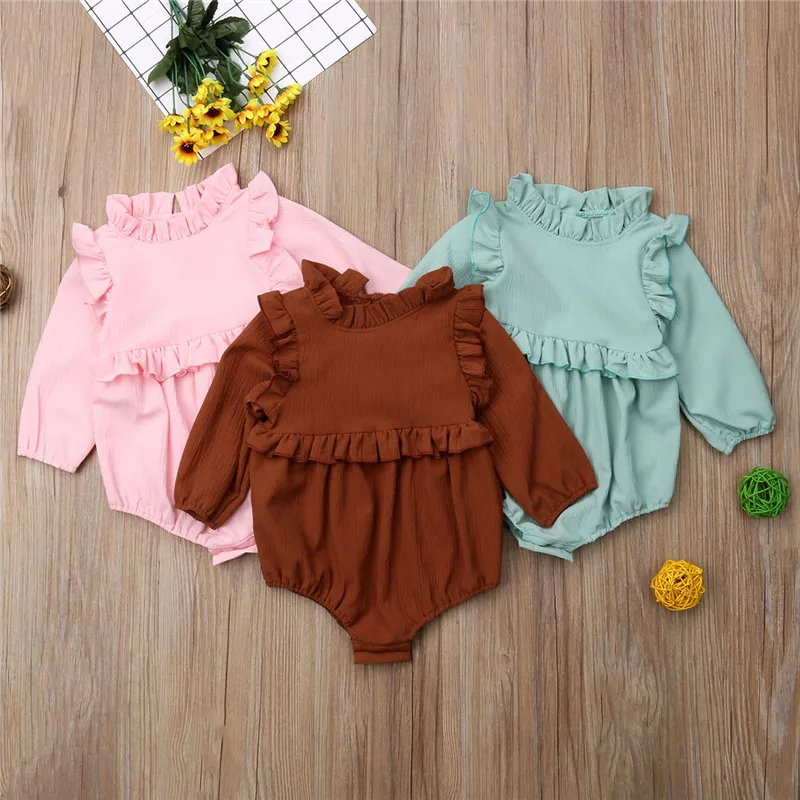 

Sweet Baby Girls Autumn Spring Romper New 2019 Fashion Newborn Baby Girls Long Sleeve Solid Color Romper Jumpsuit Outfits 0-24M