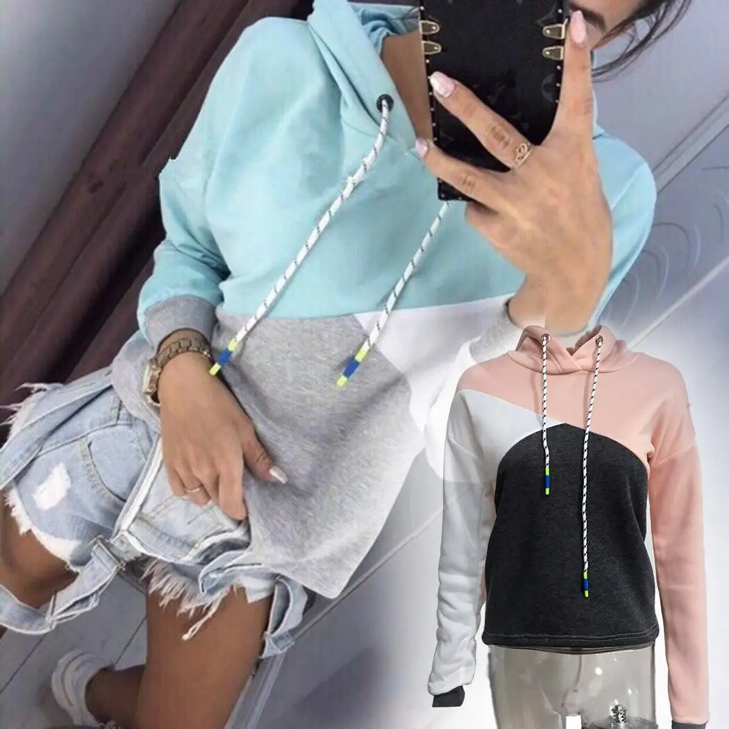 Women Fashion Hooded Long Sleeve Contrast Patchwork Color Winter Casual Regular Fleece Drawstring Hoodies | Женская одежда