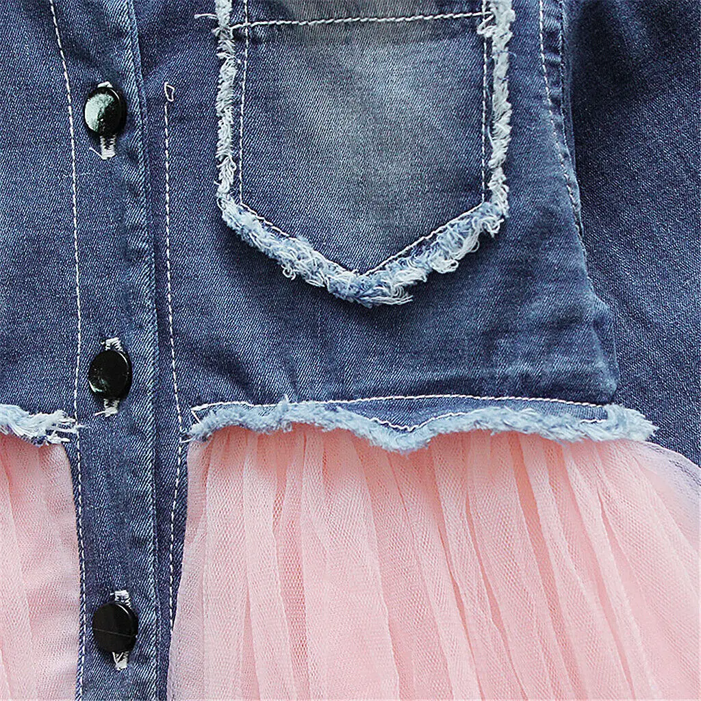 Citgeett Toddler Kid Baby Girls Long Sleeve Shirt Collar Denim Tulle Party Tutu Sun Patchwork Novelty Dress | Детская одежда и
