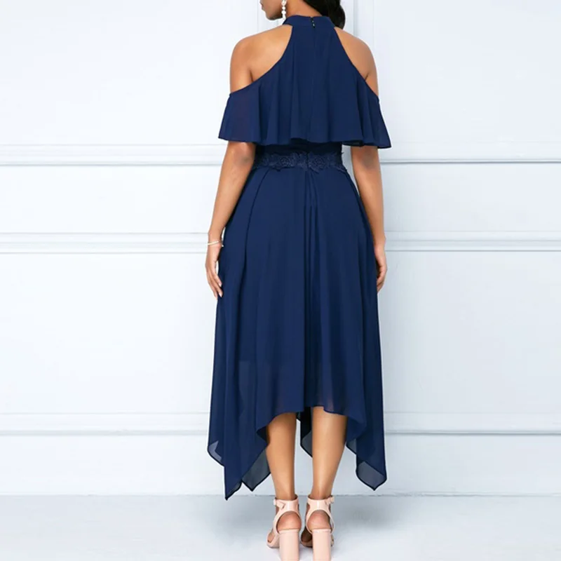 Шифоновое коктейльное платье с лямкой на шее женское вечернее коротким рукавом