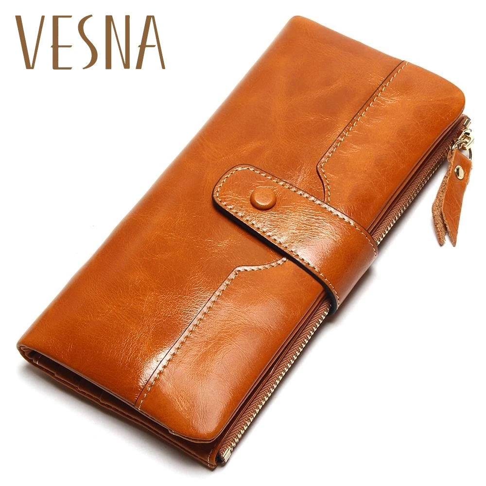 

Vesna TAUREN 100% Genuine Leather Women Phone Wallet Long Purse Lady Oil Wax Cowhide Multiple Cards Holder Clutch Fashion