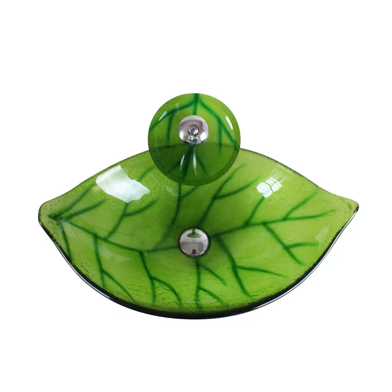 

Hotel Bathroom Green Leaves Boat Shape Tempered Glass Wash Basin Toilet Art Hand Sink Countertop Washbowl Set +Faucet +Drainer