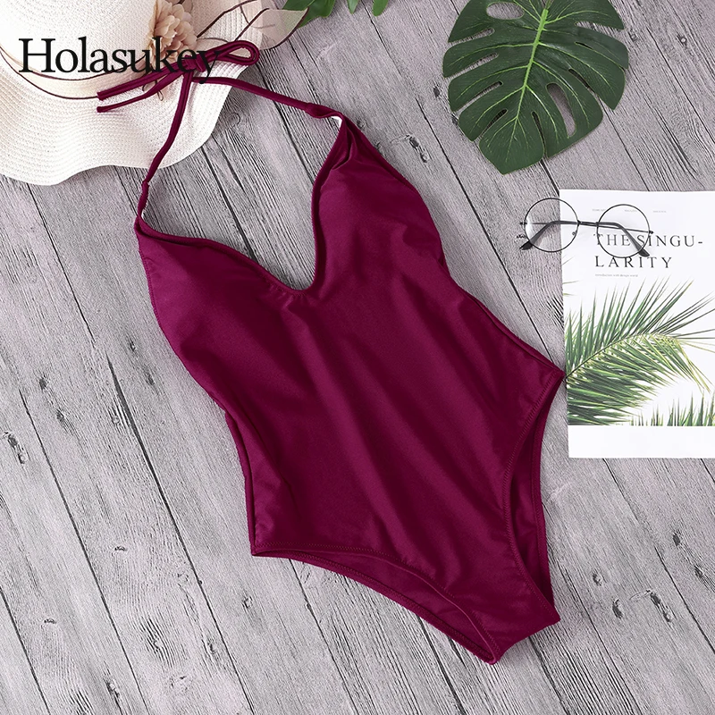 HolaSukey Halter Top Bikini Solid Swimsuit One Pieces Swimwear 2020 New Sexy Bikinis Set Women Monokini Biquini |