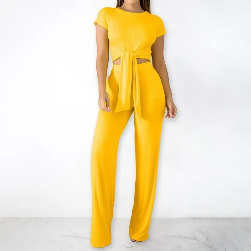 Комплект из двух предметов с высокой талией короткий рукав желтый топ и длинные