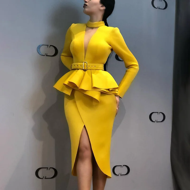 Женское платье элегантное сексуальное с длинным рукавом v-образным вырезом