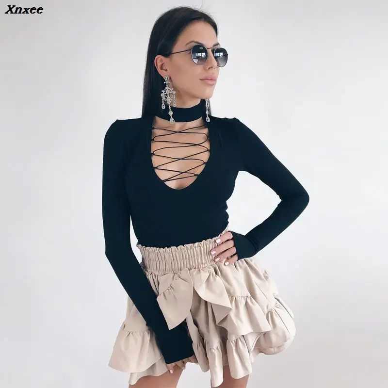 

Xnxee long sleeve V-neck bandage bodycon sexy bodysuit 2020 women black solid hollow out casual fashion lace up body Xnxee