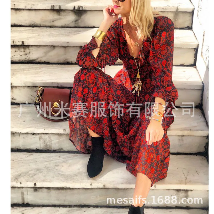 Fashion Long Sleeve Bohemian Maxi Dresses for Women Print Office Lady Summer Beach V Neck Vestidos | Женская одежда