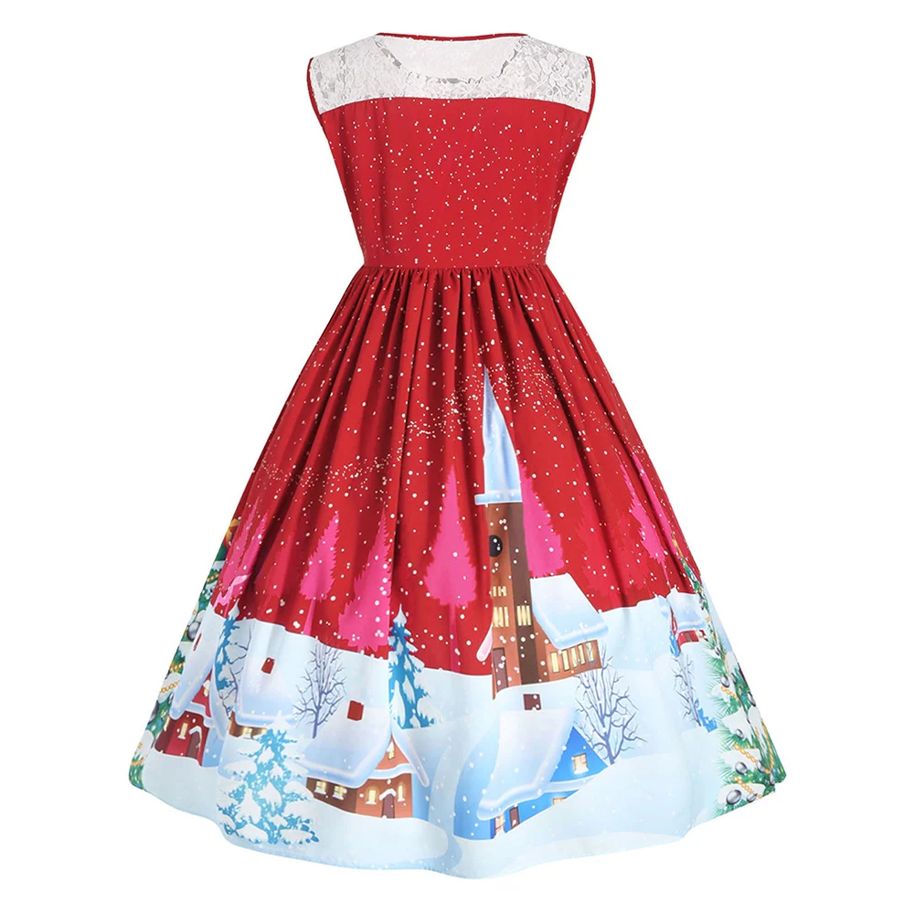 Wipalo Christmas Vintage Plus Size Dress Women Floral Printed Knee-Length Cute Party Sleeveless Lace Vestidos Femme | Женская одежда
