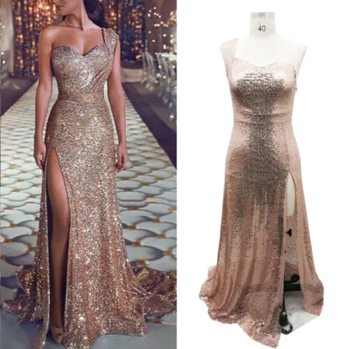 Женское вечернее платье с блестками без рукавов на одно плечо открытой спиной