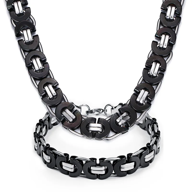 

Titanium steel black flat bracelet necklace set