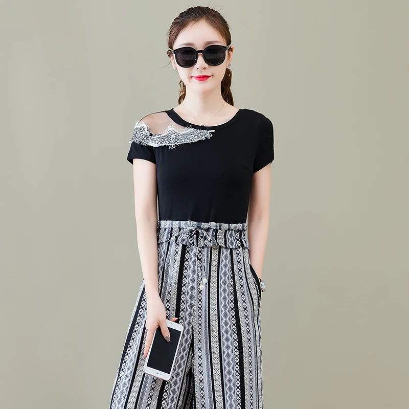 

Wide-Legged Pants Jumpsuits Suit New 2019 Summer Dew Shoulder Stripes Chiffon Jumpsuit Patchwork Clothes O Neck Casual Vestidos