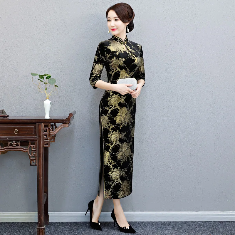 Женское китайское традиционное вечернее платье Cheongsam бархатное длинное