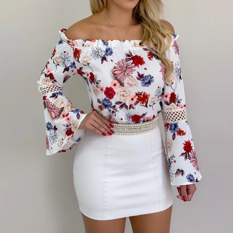 Сексуальная Блузка с открытыми плечами и цветочным принтом женская рубашка