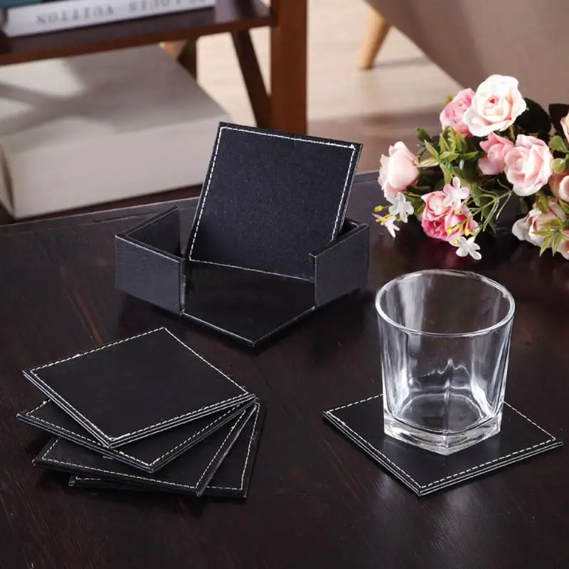 6 Pcs Double-deck Leather Cups Mats Pads Coasters Set Placemat of Cup with Coaster Holder Home Supplier Kitchen Tool Accessories | Дом и сад