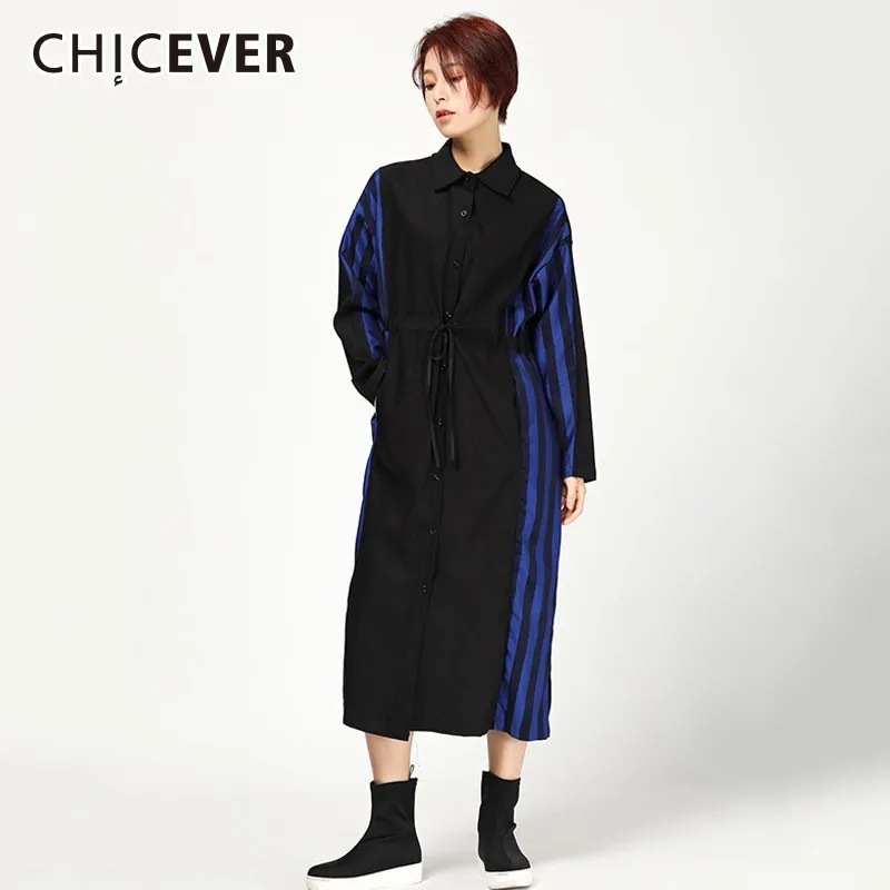 CHICEVER Лоскутные Полосатые женские платья для женщин с отворотом и длинным рукавом