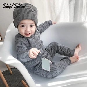 Комплект одежды для новорожденных, Осень-зима, Хлопковые вязаные пуловеры с длинным рукавом + штаны, Детские комплекты, Детский свитер