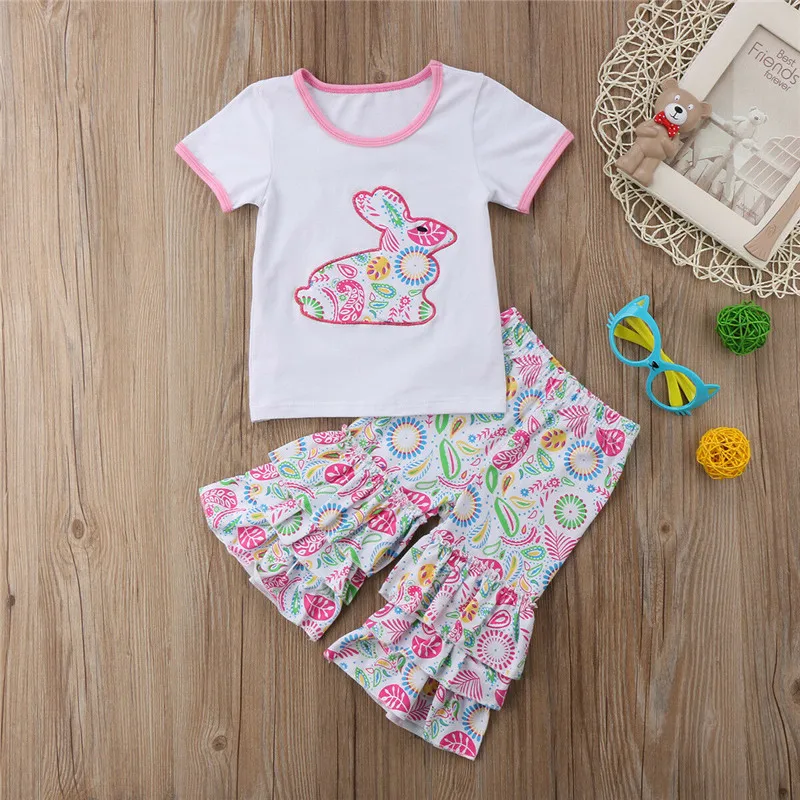Kids Baby Girl Easter Outfits Children Summer Clothes Ruffle Short Sleeve Bunny T-shirt Floral Flared Pants 2Pcs Sets 0-5Y | Детская