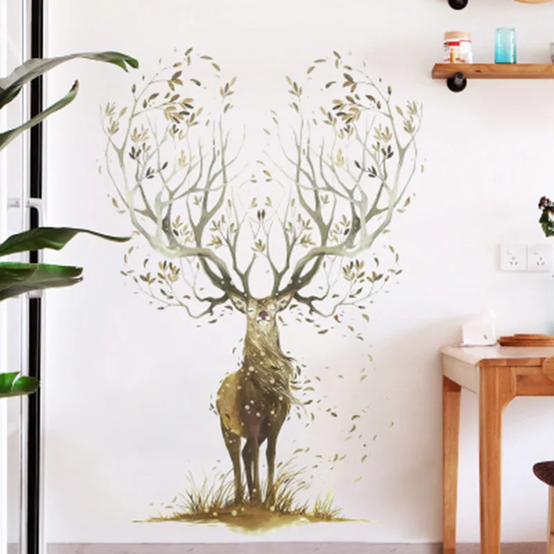 Creative Elk Wall Stickers Living Room Bedroom Wallpaper Poster Art Large Tree Elk's Horn Grass Graphic Decoration Decals | Дом и сад