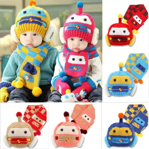 2018 New Toddler Kids Girl&ampBoy Baby Infant Winter Warm Cartoon Pattern Crochet Knit Hat Beanie Cap Scarf Set 6-36M | Детская одежда