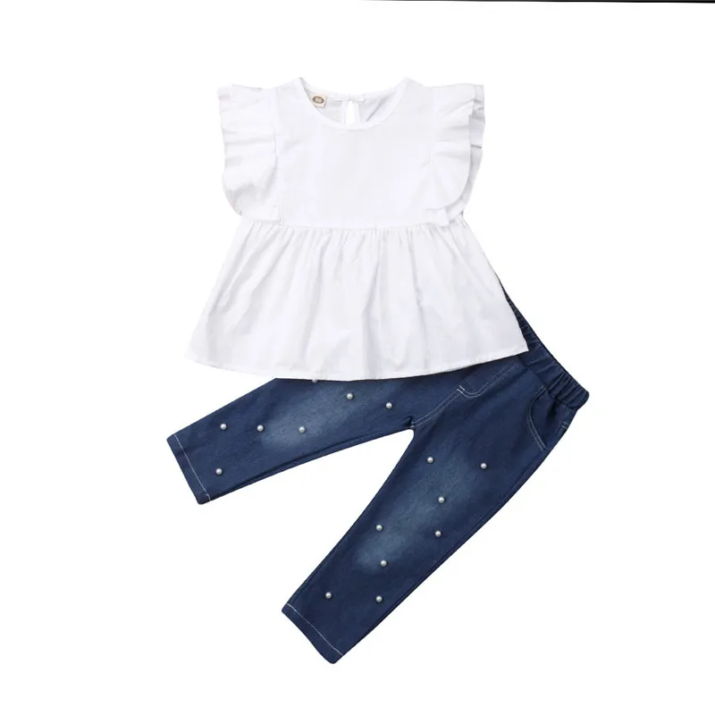 2019 2-7T Toddler Kids Baby Girl Ruffles Sleeveless Top T-shirt Denim Pearl Pants Outfits Clothes 2Pcs Set | Детская одежда и
