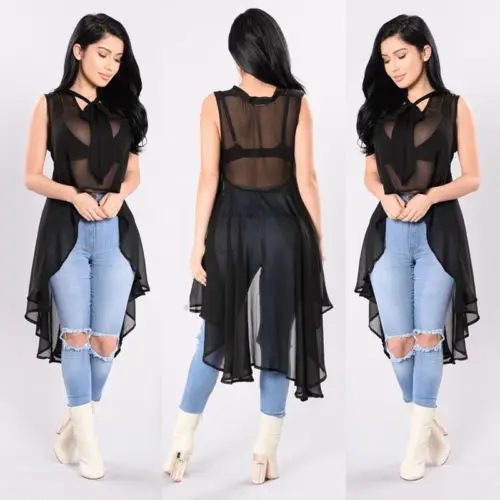 Women See through Bowknot Mesh Sheer Shirts Summer Sleeveless Irregular Tops Shirt Blouse | Женская одежда