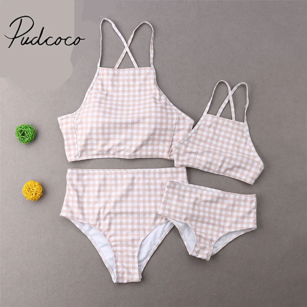 2019 Brand New Mother Daughter Swimsuit Family Matching Beachwear High Waist Swimwear Checked 2Pcs Sets Parent-Child | Мать и ребенок