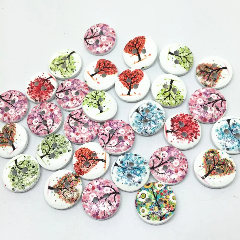 

1000pcs 15mm Mixed Tree Patterns Wood Christmas Buttons Crafts Scrapbooking Round Sewing 2 Holes Accessories Embellishments