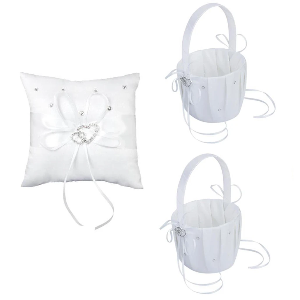 

Hot sale-2 pcs White Flower Girl Basket Crystal Rhinestones Decor and 1 pcs