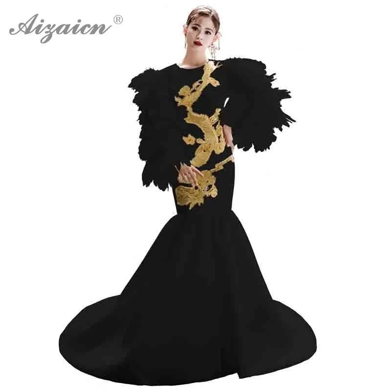 

Oriental Style Black Host Cheongsam Modern Embroidey Long Qi Pao Women Chinese Traditional Dress Chinoise Stage Show Gown Qipao