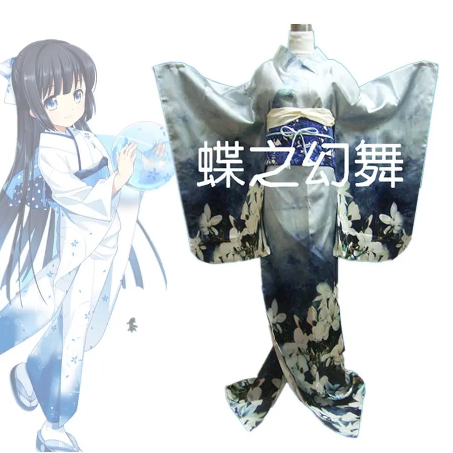 Женское японское традиционное синее длинное кимоно Furisode костюм для