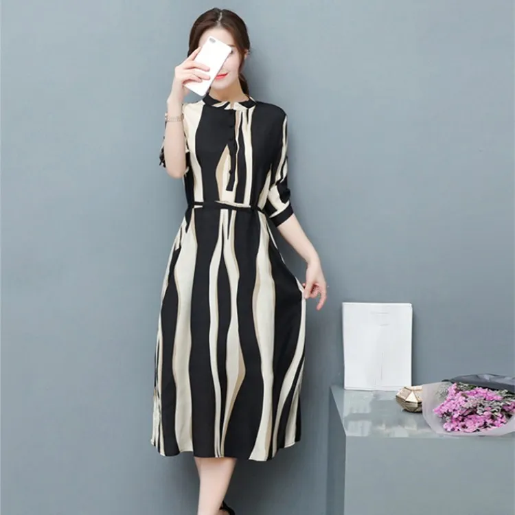 Модное женское шифоновое платье миди в полоску на пуговицах ТРАПЕЦИЕВИДНОЕ