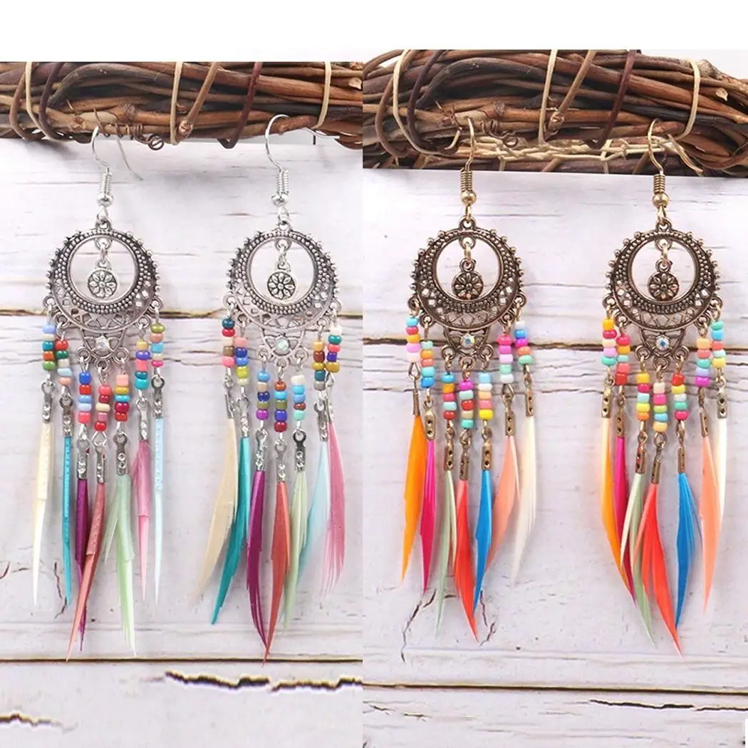 Women Fashion Hollow Out Geometric Hook Pendant Pierced Dangle Feather Gold Silver Earrings Bead Casual | Украшения и аксессуары