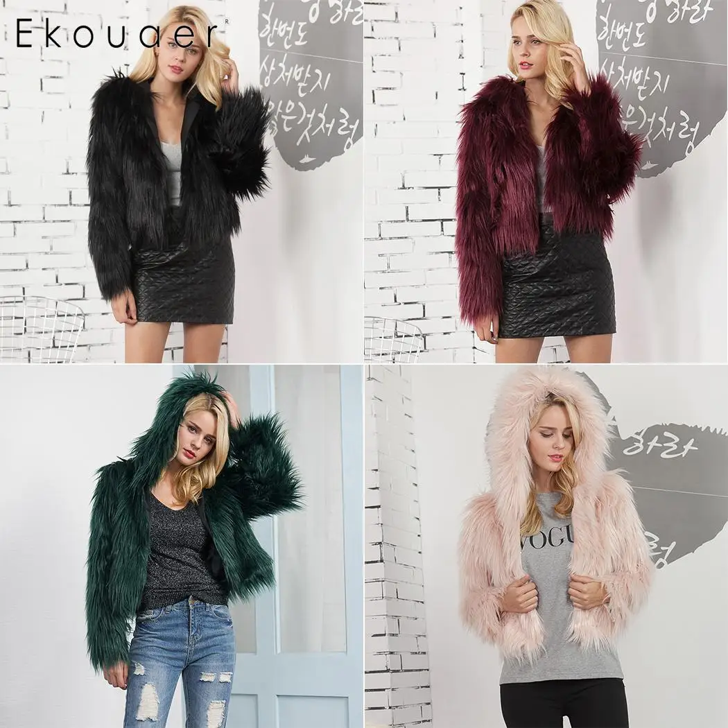 Ekouaer искусственного меха пальто Для женщин зимние с капюшоном Мода искусственный