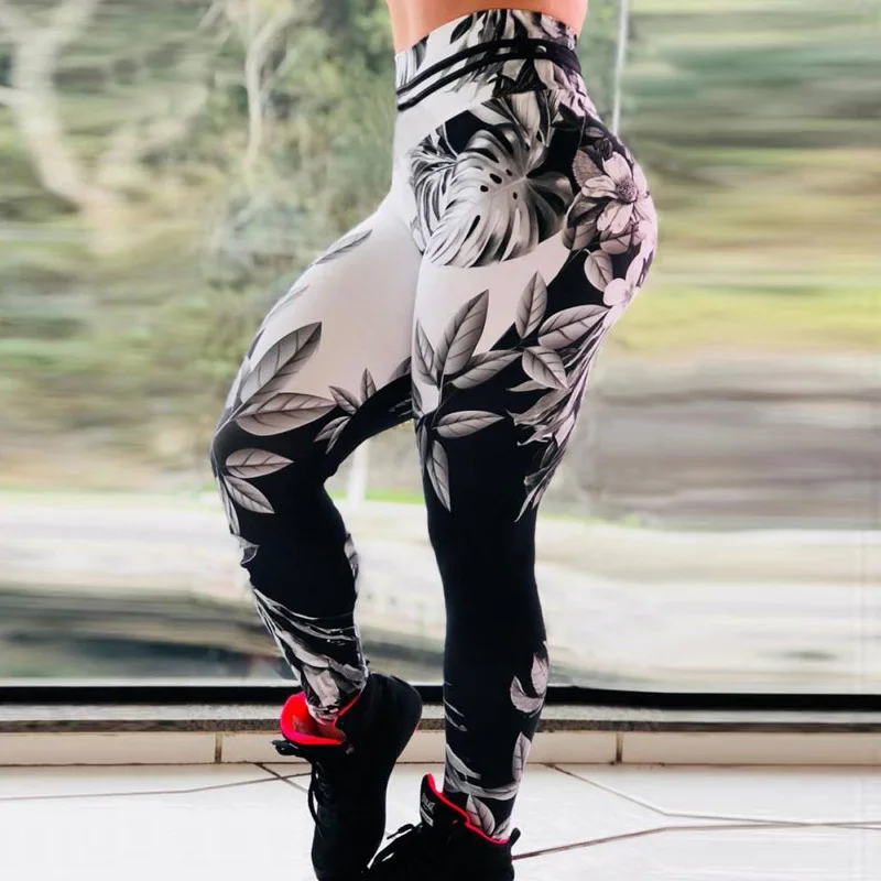 New Female Yoga Pants Leaf Printed Leggings Women Fitness Wear Workout Sports Running Leggings Push Up Gym Elastic Slim Pants