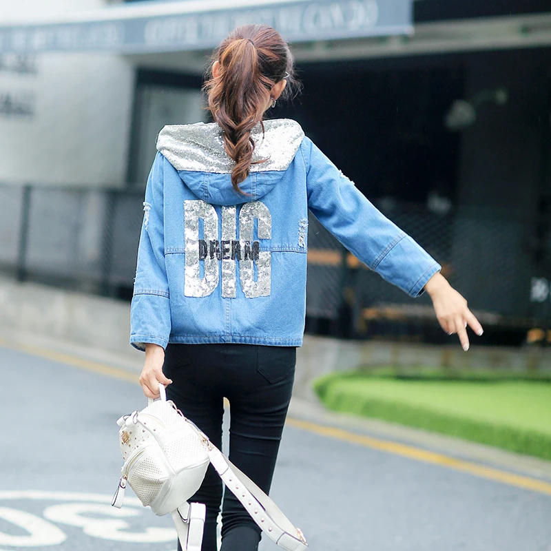Harajuku Coat Women Bomber Jacket Denim Slim Coats Hooded Sequins Short Solid Outwear Chaqueta Mujer Vintage Biker Letter | Женская