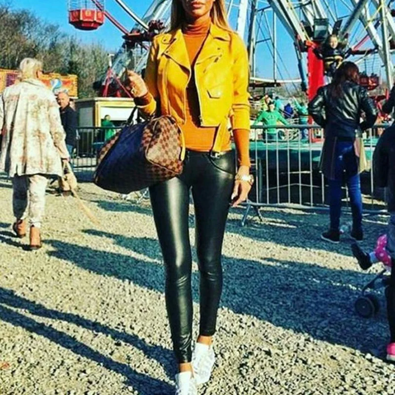 Женские штаны из искусственной кожи мокрый вид леггинсы кожзаменителя черные