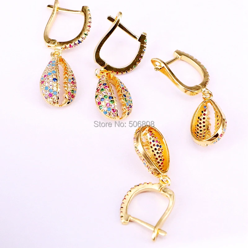 

4 Pairs, Rainbow cz paved charm dangle earring, colorful shell shaped women earrings